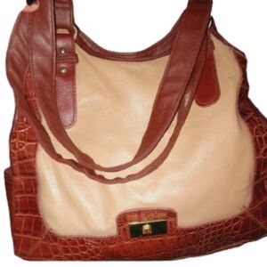 Two Tone Brown Shoulder Bag Crocodile Textured Sides Gold Toned Hardware
